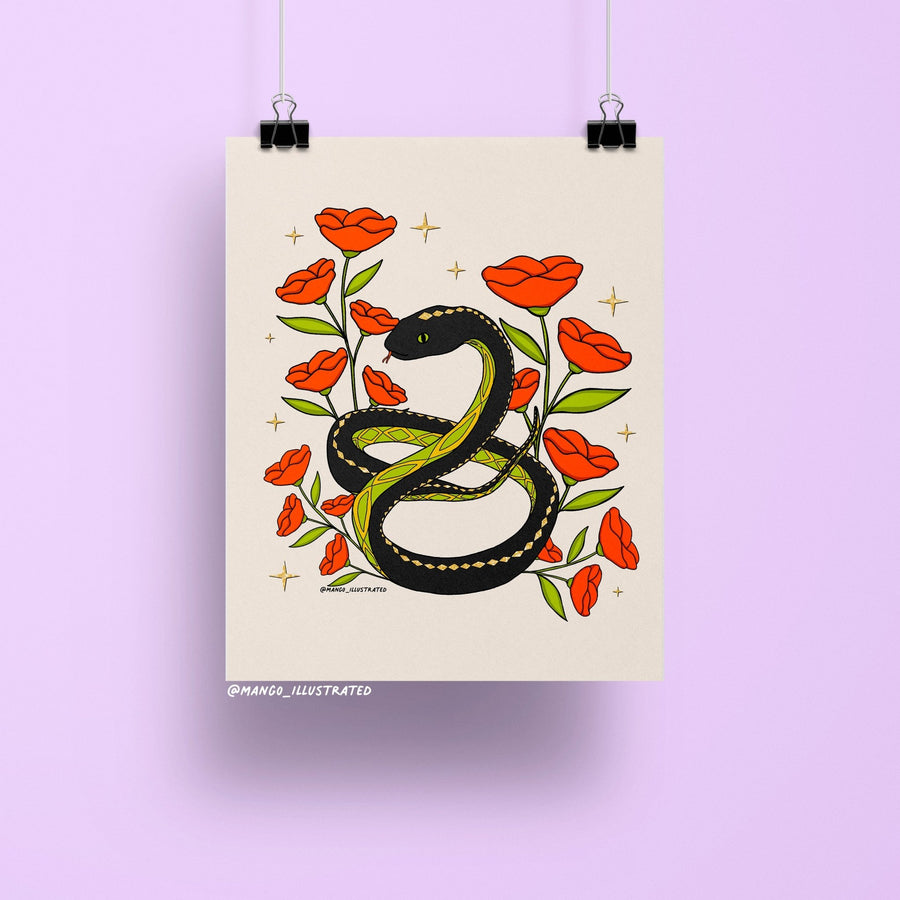 Illustrated 8x10 art print of a black and green snake coiled among red poppies and golden stars on a neutral background