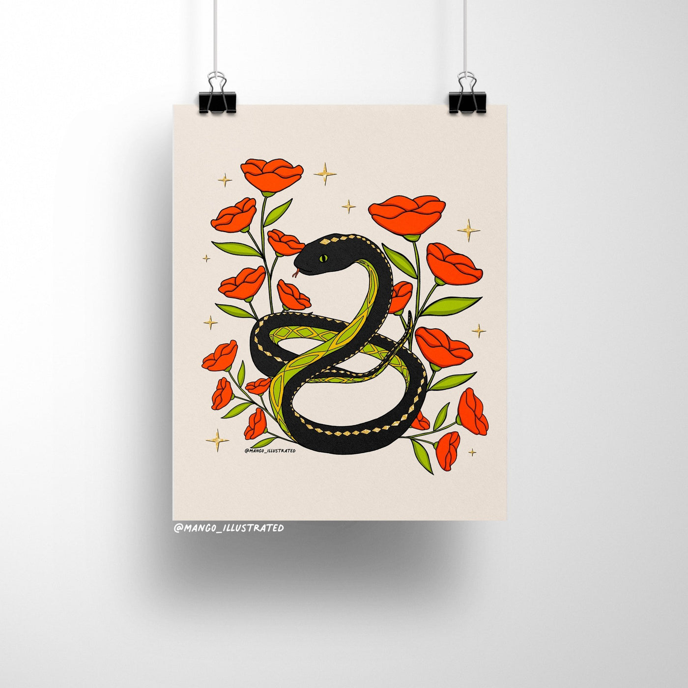 Illustrated 8x10 art print of a black and green snake coiled among red poppies and golden stars on a neutral background