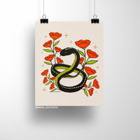 Illustrated 8x10 art print of a black and green snake coiled among red poppies and golden stars on a neutral background