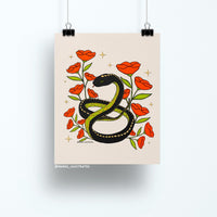 Illustrated 8x10 art print of a black and green snake coiled among red poppies and golden stars on a neutral background