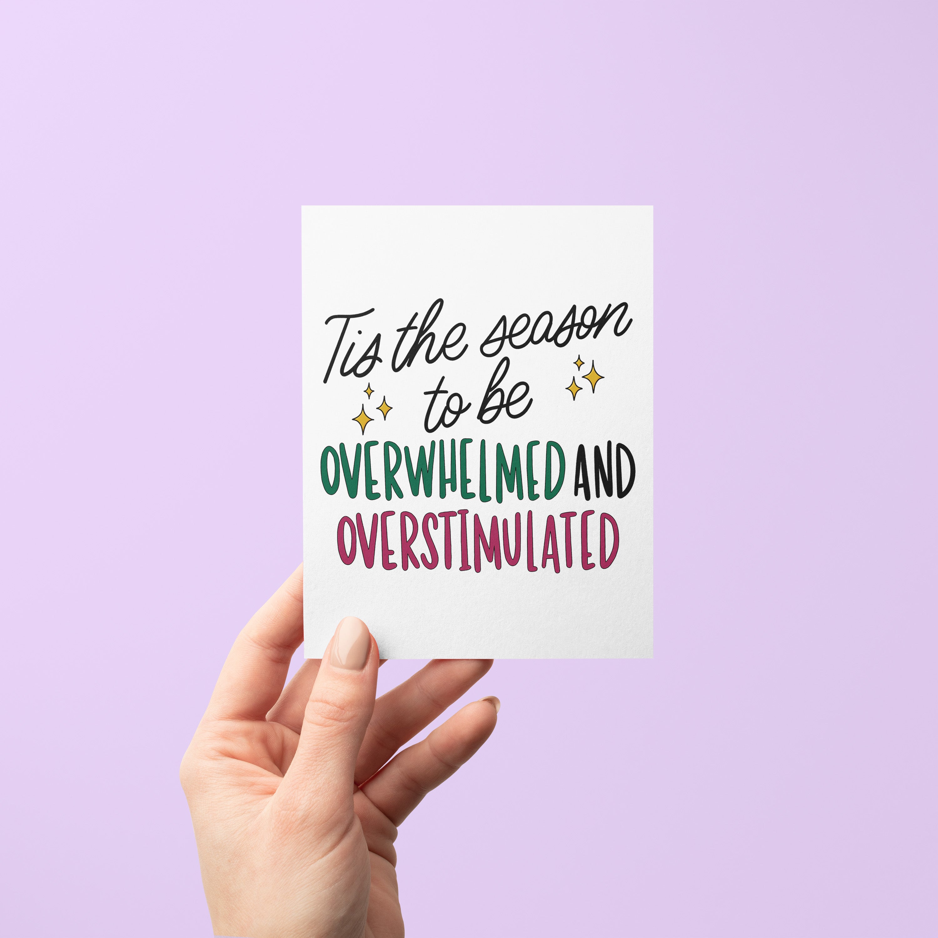 Overwhelmed Overstimulated card detail — relatable anxious Christmas greeting card by MangoIllustrated