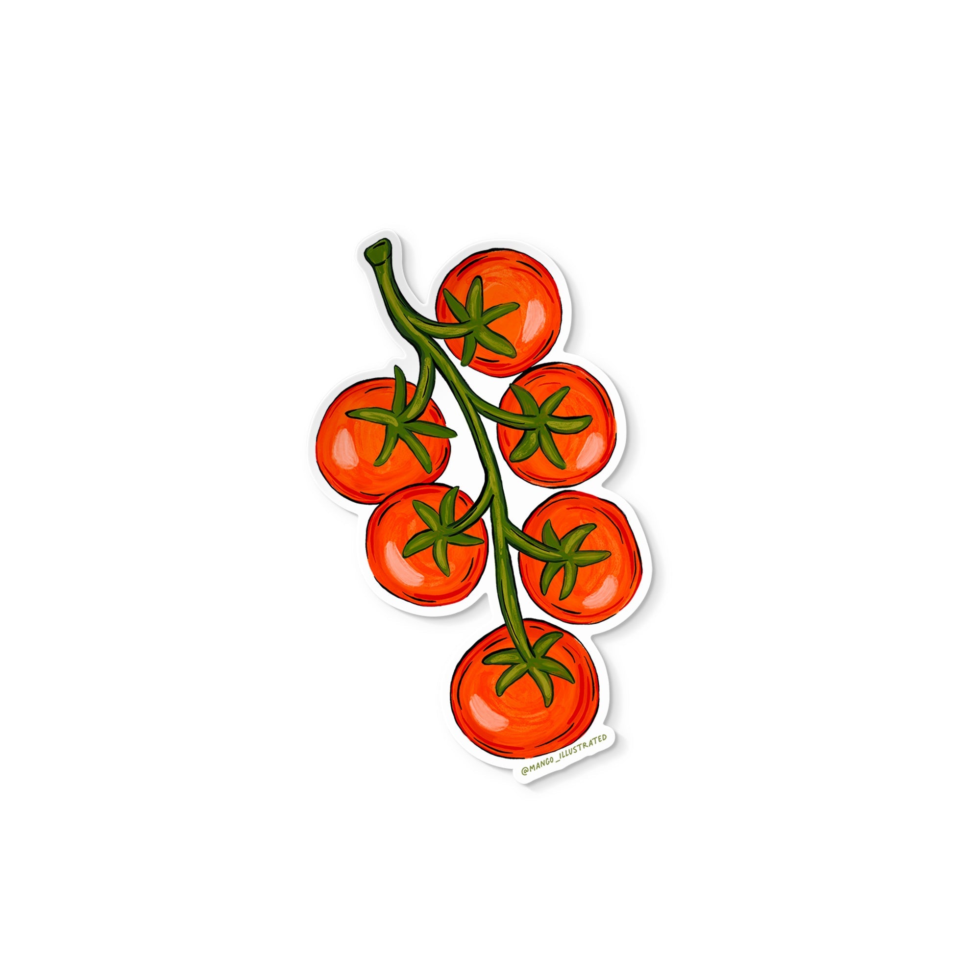 Vibrant vinyl sticker featuring a hand-illustrated bunch of ripe red tomatoes on the vine.