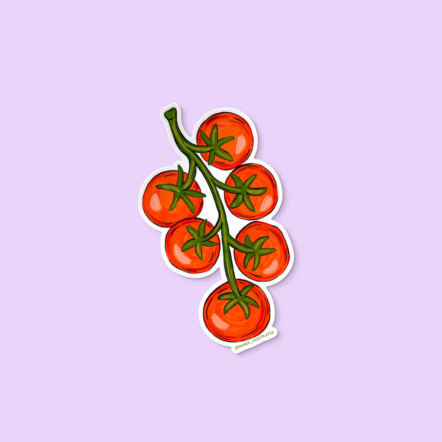Vibrant vinyl sticker featuring a hand-illustrated bunch of ripe red tomatoes on the vine.