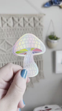 Holographic disco ball mushroom sticker, psychedelic waterproof weatherproof vinyl sticker, laptop water bottle tumbler hydroflask sticker